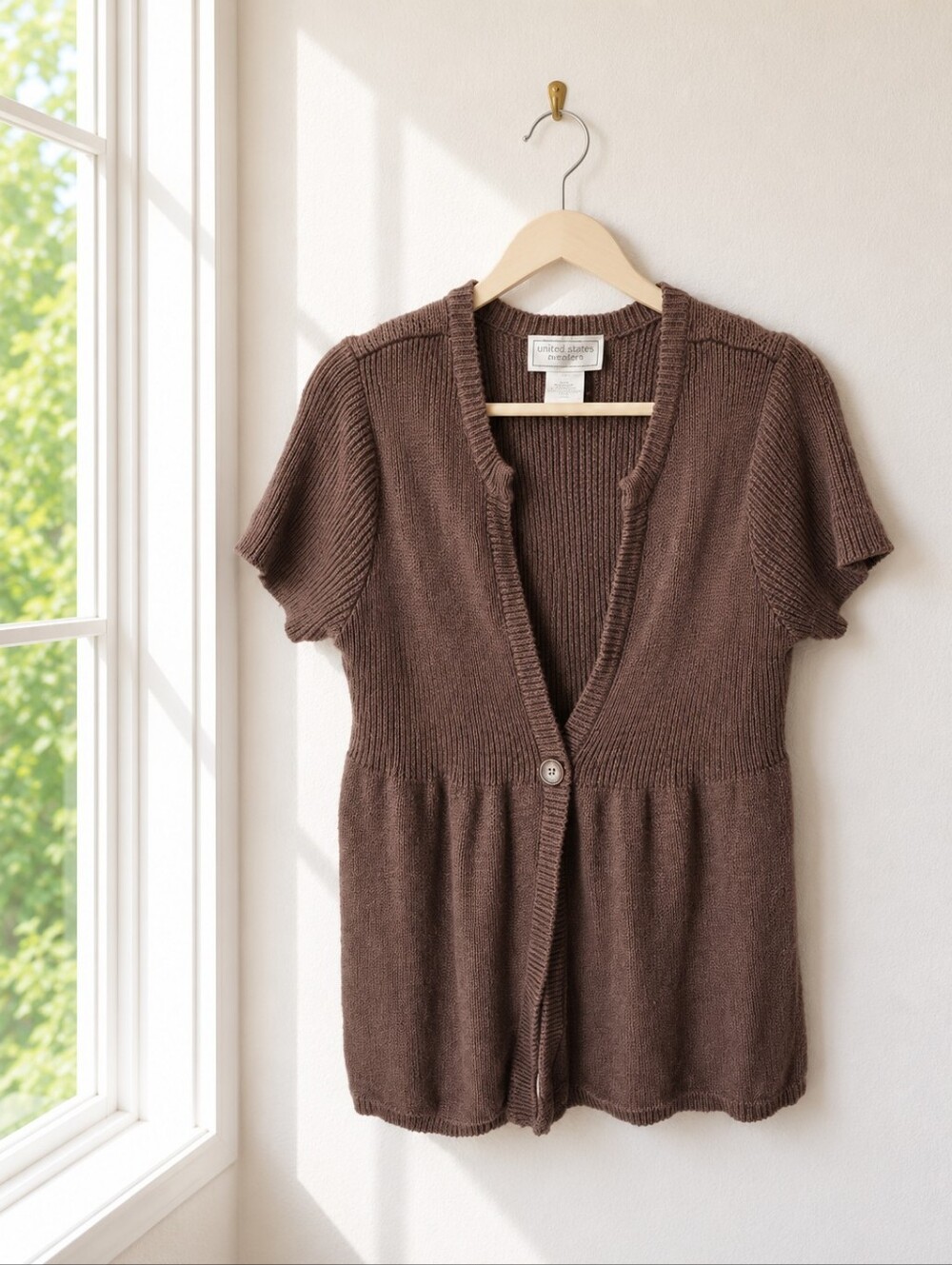 Vintage United States Sweaters Women L Brown Ribbed Cotton Short Sleeve Cardigan